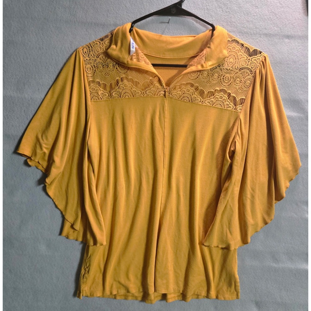Womens Mustard Yellow Lace Yoke Angel Sleeve Mock‎ Neck Blouse Size Small